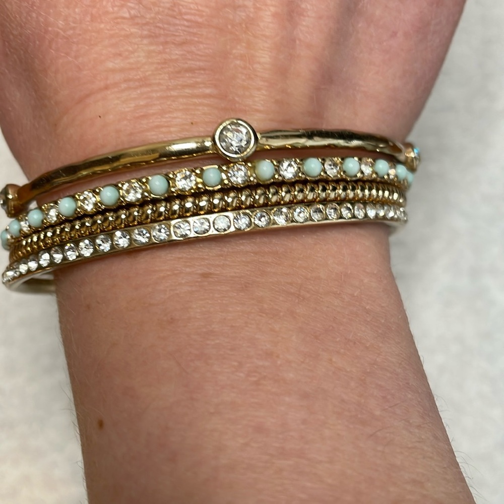 Gold, rhinestone and green gem bangle bracelet set (4)